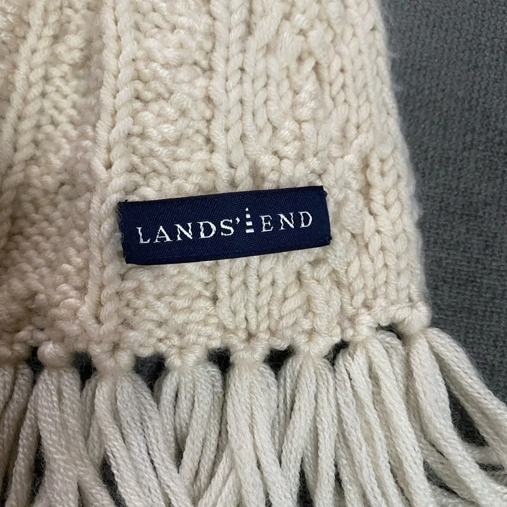 Lands End Ivory Cable Knit Unisex Wool Blend Scarf